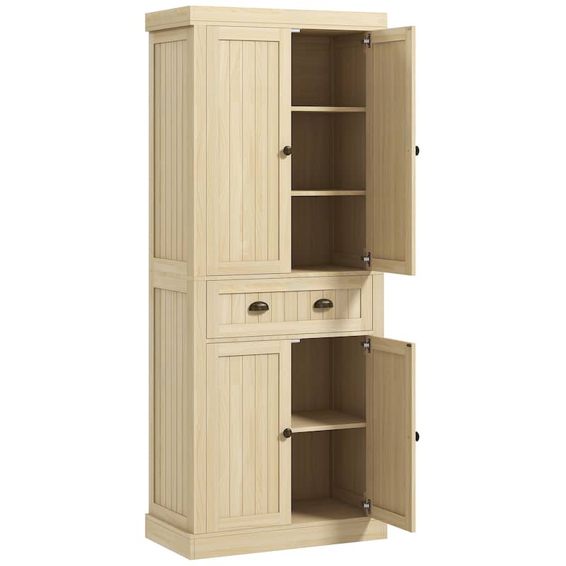 72" Farmhouse Kitchen Pantry Cabinet, Freestanding Tall Storage Cabinet with 4 Soft-Close Doors,2 Adjustable Shelves and Drawer
