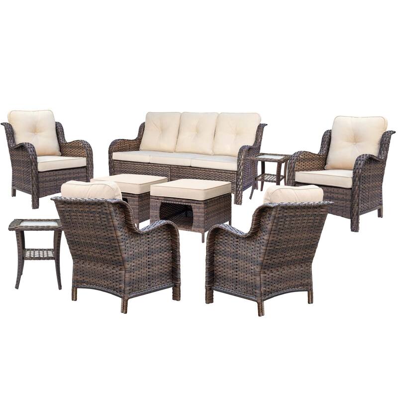 Brown Wicker Outdoor Patio Conversation Seating Sets with Beige Cushions