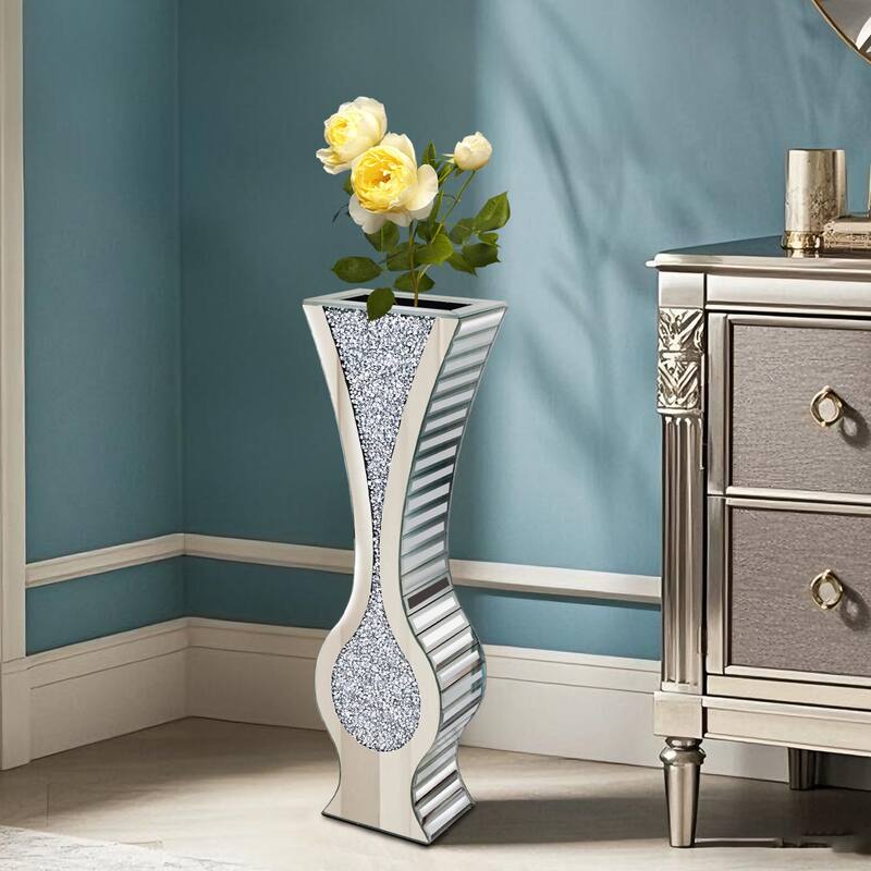 Silver 27" Tall Mirrored Vase Crushed Diamond Floor Vase Pampas Faux Flower Vase Glam Decor