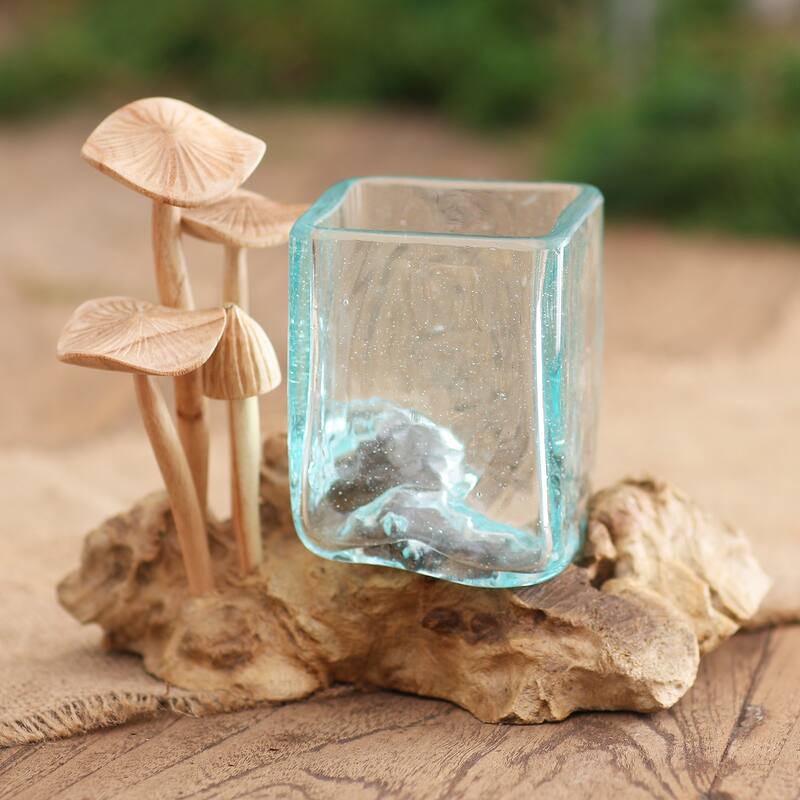 Novica Handmade Mushroom Patch Wood And Glass Sculpture
