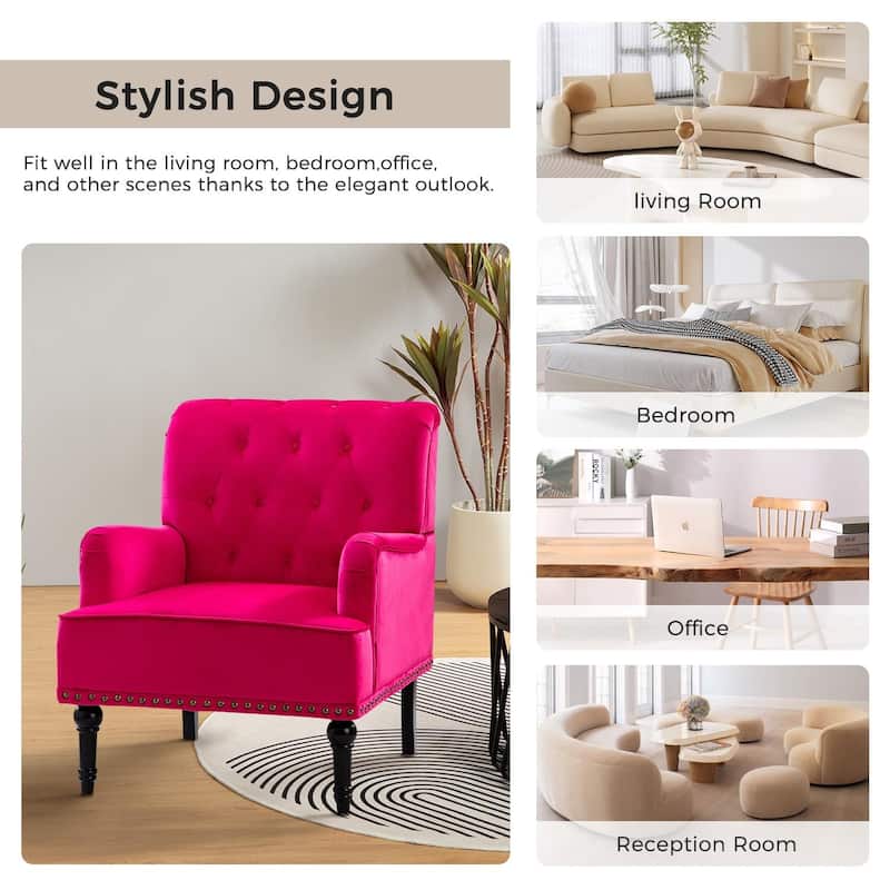 Geltrude Transitional Upholstered Button Tufted Club Chair with turned wooden Legs by HULALA HOME