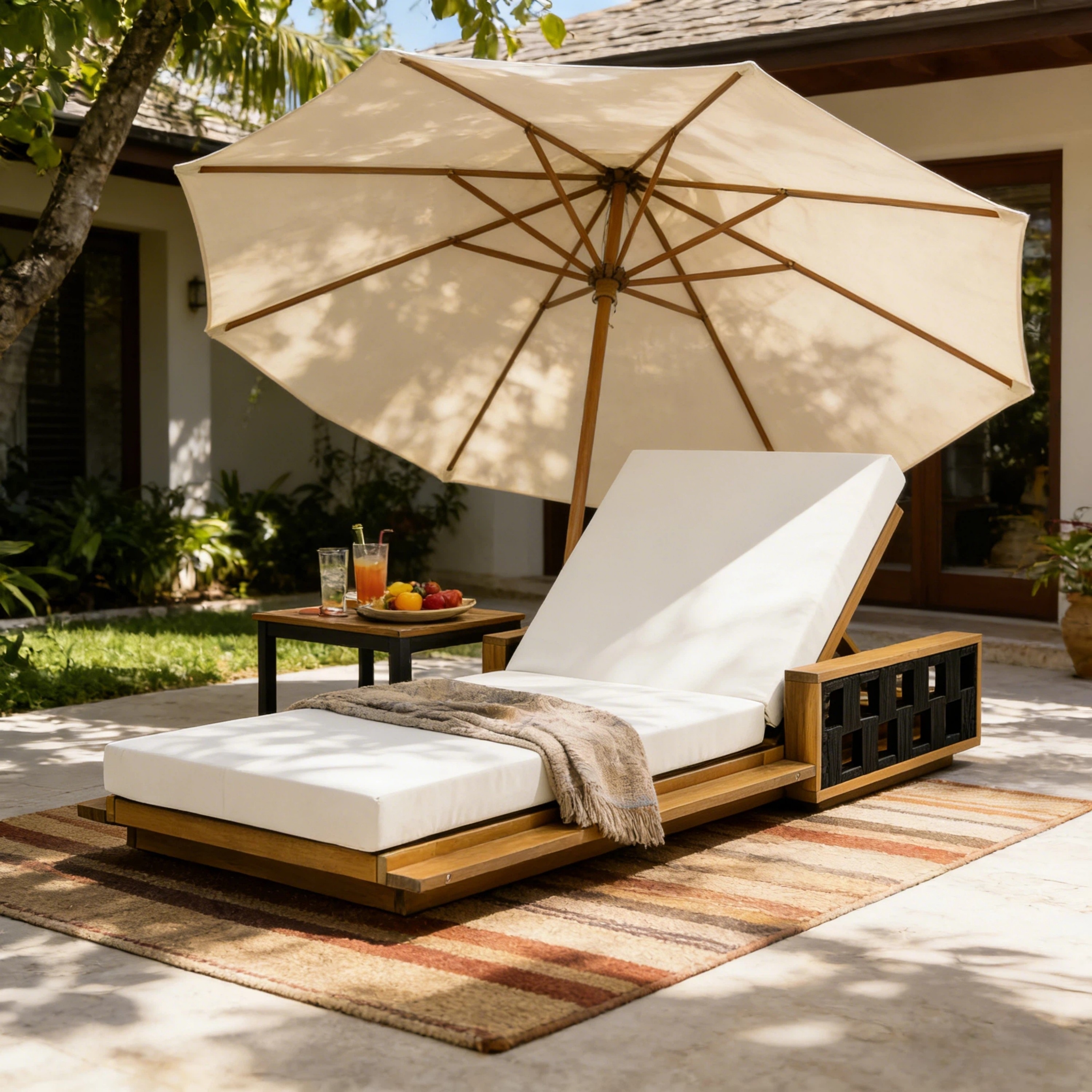 Christopher Knight Home - Modern Outdoor Solid Acacia Wood Lounge Chair with Adjustable Recline and Rope Accents - 78.94"L