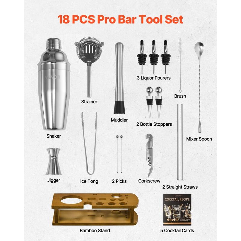 18-Piece Stainless Steel Cocktail Shaker Set for Bartenders - 11.22 x 4.33 x 10.83 in