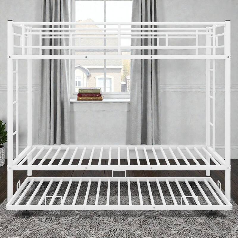 Twin over Twin Metal Bunk Bed with Trundle, Space Saving Bunk Bed with Ladder and Guardrails