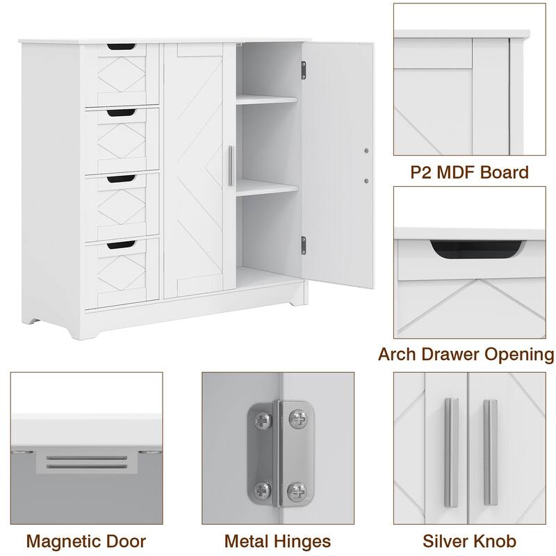 VECELO Wooden Bathroom Floor Cabinet, Side Storage Organizer Cabinet with 4 Drawers, Freestanding Entryway Storage Unit