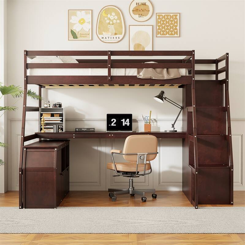 Full Size Loft Bed with 7 Drawers 2 Shelves and Desk