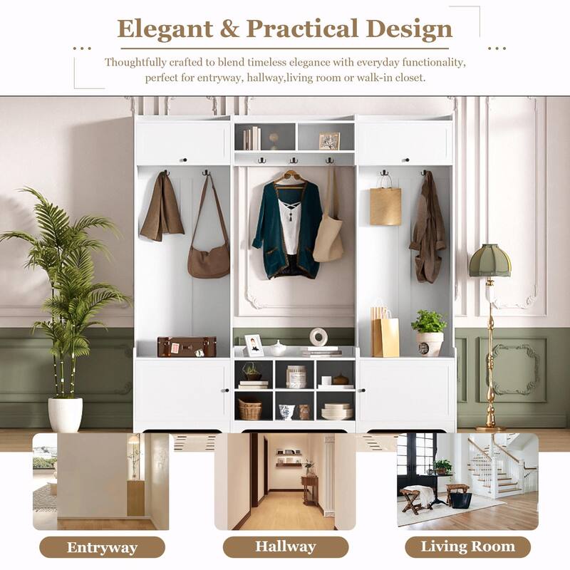 79.1'' Wide Modern Hall Tree with 8 Cubbies, 7 Coat Hooks & Adjustable Shelf