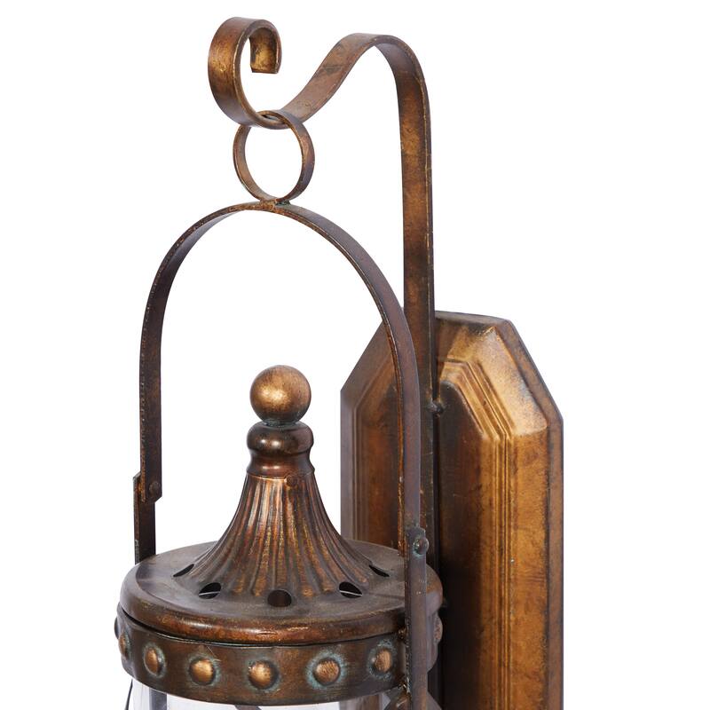 Bronze Metal Suspended Studded Fleur De Lis Wall Sconce with Scroll Details - 7 x 6 x 20