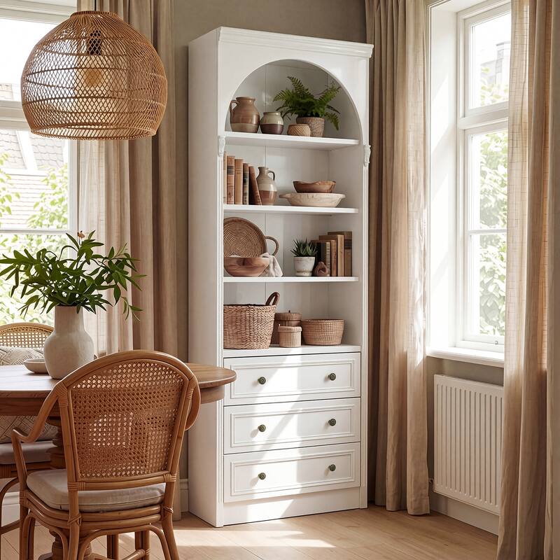 Modular White Bookcase with LED Lights & Glass Doors, 86.6" Tall Arched Display Cabinet Solid WoodStorage Cabinet