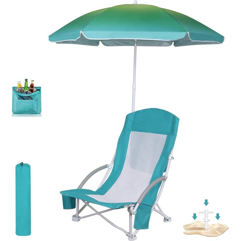 Beach Chair, Beach Chair with Umbrella, Beach Chair for Adults Camping Chair High Back with Umbrella and Cooler, Lightweight - 1 Blue