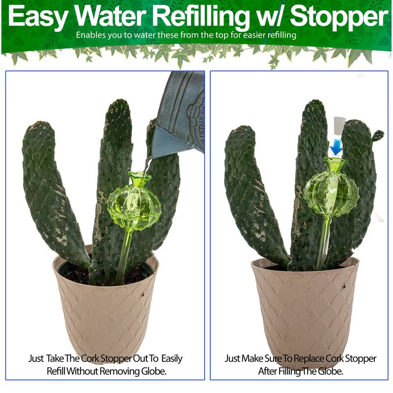 Aqua Glass Plant Watering Cactus Ball Globes - Automatic Self Watering Drip Irrigation Ideal for Vacation Plant Care