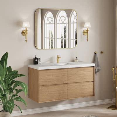 Sylphar 48 inch Bathroom Vanity with Sink, Floating Oak Cabinet with Stone Top