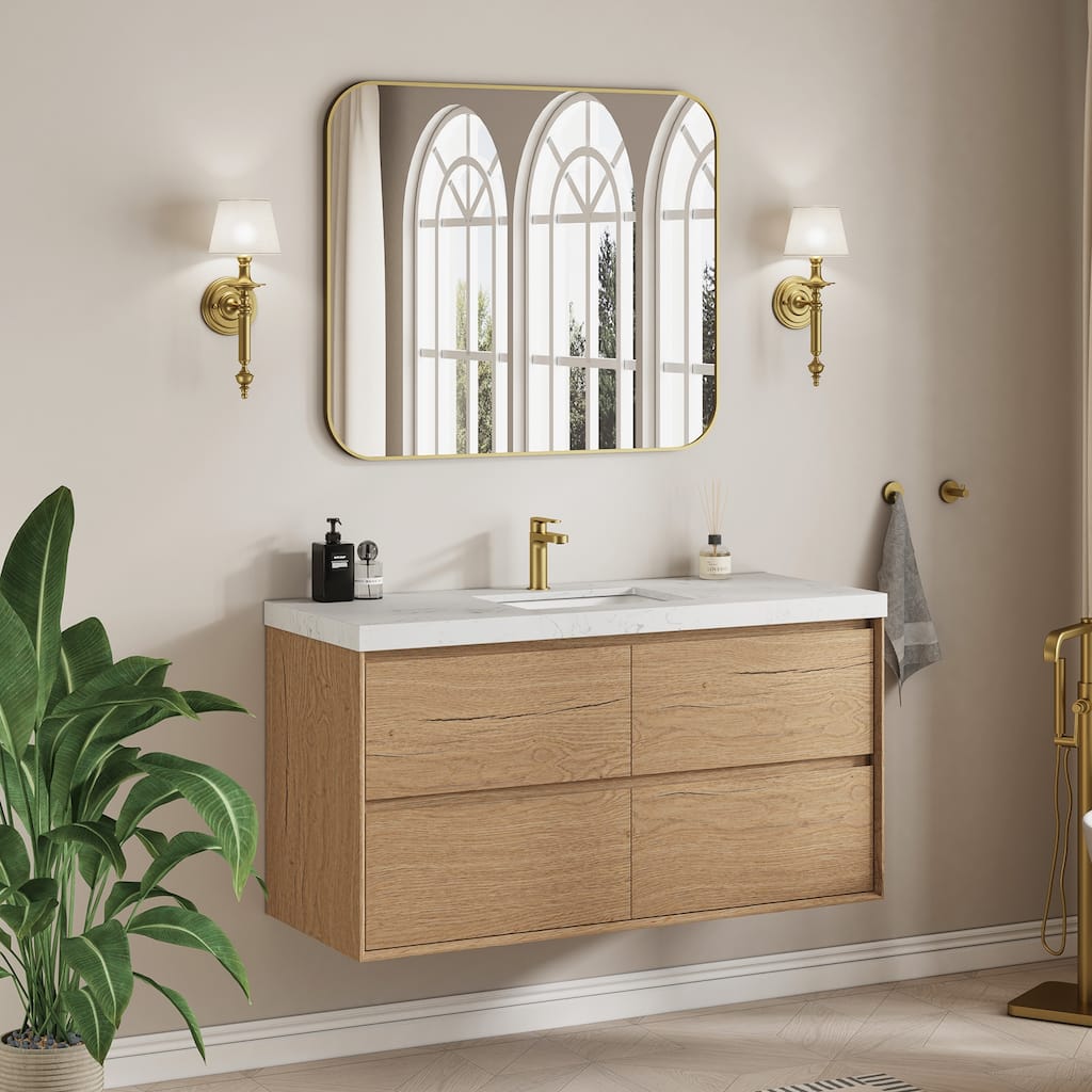 Sylphar 48 inch Bathroom Vanity with Sink, Floating Oak Cabinet with Stone Top