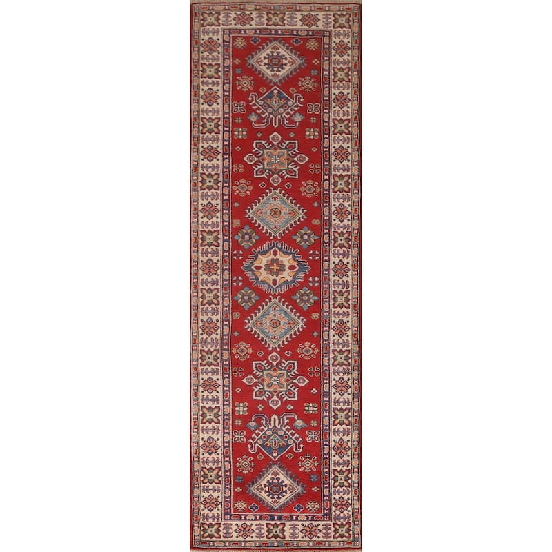 Red Geometric Kazak Oriental Wool Runner Rug Handmade Hallway Carpet - 2'8" x 9'9"