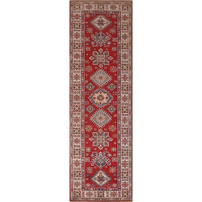 Red Geometric Kazak Oriental Wool Runner Rug Handmade Hallway Carpet - 2'8" x 9'9"