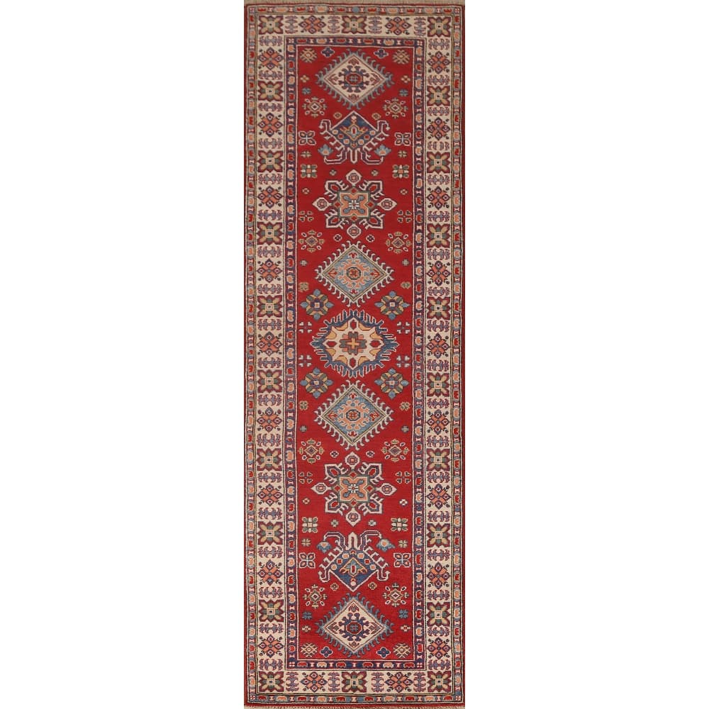 Red Geometric Kazak Oriental Wool Runner Rug Handmade Hallway Carpet - 2'8" x 9'9"