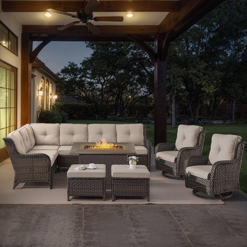 Gymojoy 6-Piece Outdoor Wicker Patio Furniture with Fire Pit and L-shaped Sectional Sofa, Coversation Set with Thick Cushions