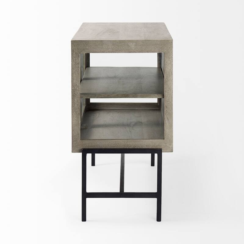 Arelius Light Brown Solid Wood w/ Black Iron Frame & 2 Glass Doors Accent Cabinet - 36.0L x 18.0W x 32.0H