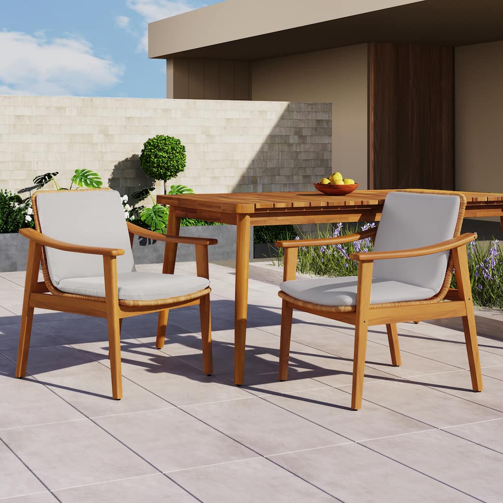Outdoor 2 Piece Wooden Rattan Dining Chair with Waterproof Cushion for Restaurant Kitchen Terrace Garden Balcony