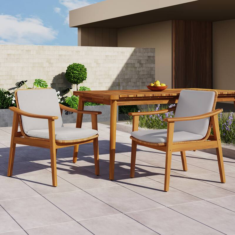 Outdoor Dining Chairs Set Of 2,Teak Color Acacia Wood Frame,Pe Wicker,Waterproof Cushion,Ideal For Patios,Gardens - Grey+Teak