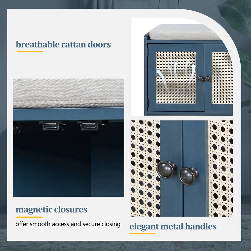 Rustic Woven Rattan Doors Storage Bench with Removable Cushion & Adjustable Shelves