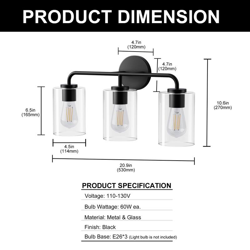 YANSUN 3-Light Black Vanity Light with Clear Cylindrical Glass Shades, Modern E26 Wall Sconce for Bathroom or Hallway
