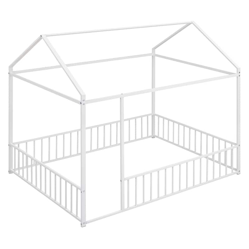 Kids Playhouse Bed, Metal House Bed Frame with Roof & Fence, Floor Bed for Kids Gilrs Boys