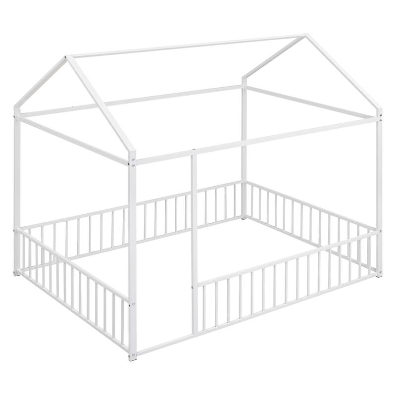 Kids' Twin/Full Metal House Bed Frame with Roof and Fence, Playful Sleep and Play Space, Sturdy Frame, Multiple Colors