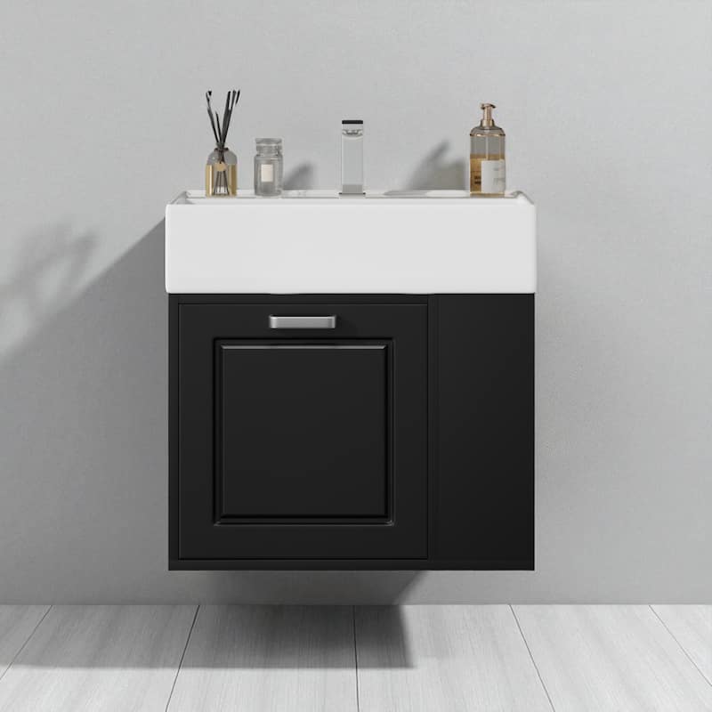 21.8" Wall-Mounted Floating Bathroom Vanity, Ceramic Sink, Soft-Close Drawer, Adjustable Shelf, Toilet Paper Holder - Black