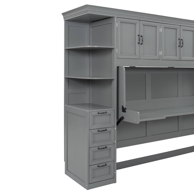 Twin Size Murphy Bed with Wardrobe, Cabinet, and Desk in Gray