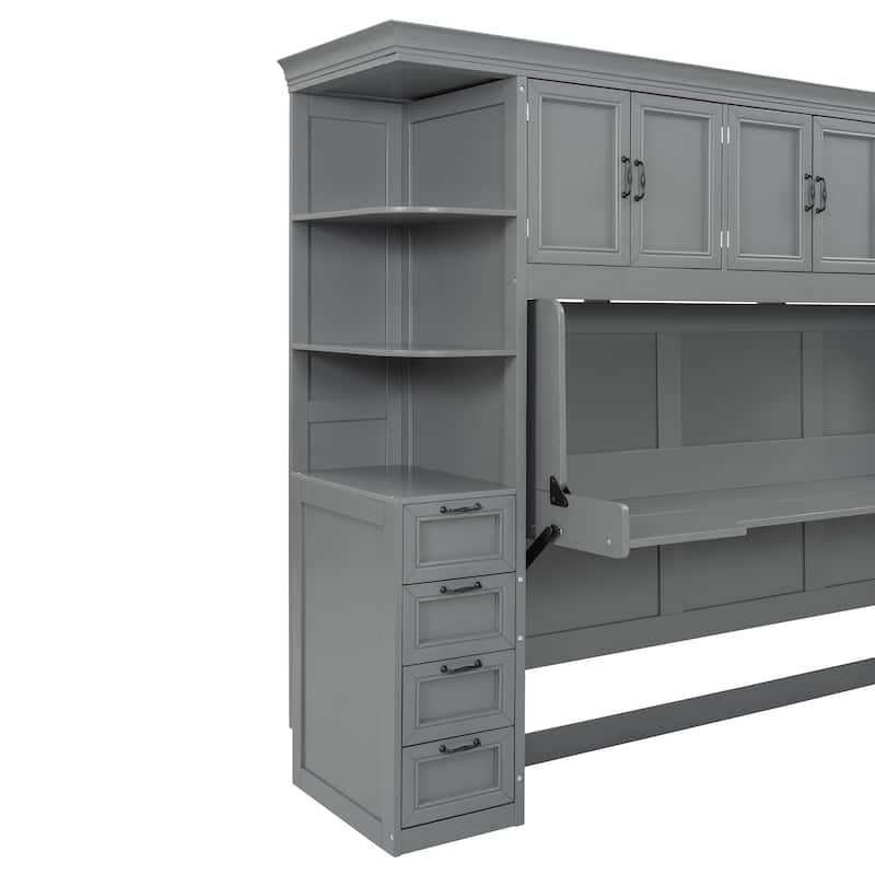 Versatile Twin Size Murphy Bed Fold-down Storage Wall Bed with Temporary Desk, Top Cabinets, Side Wardrobe, Drawers and Shelves