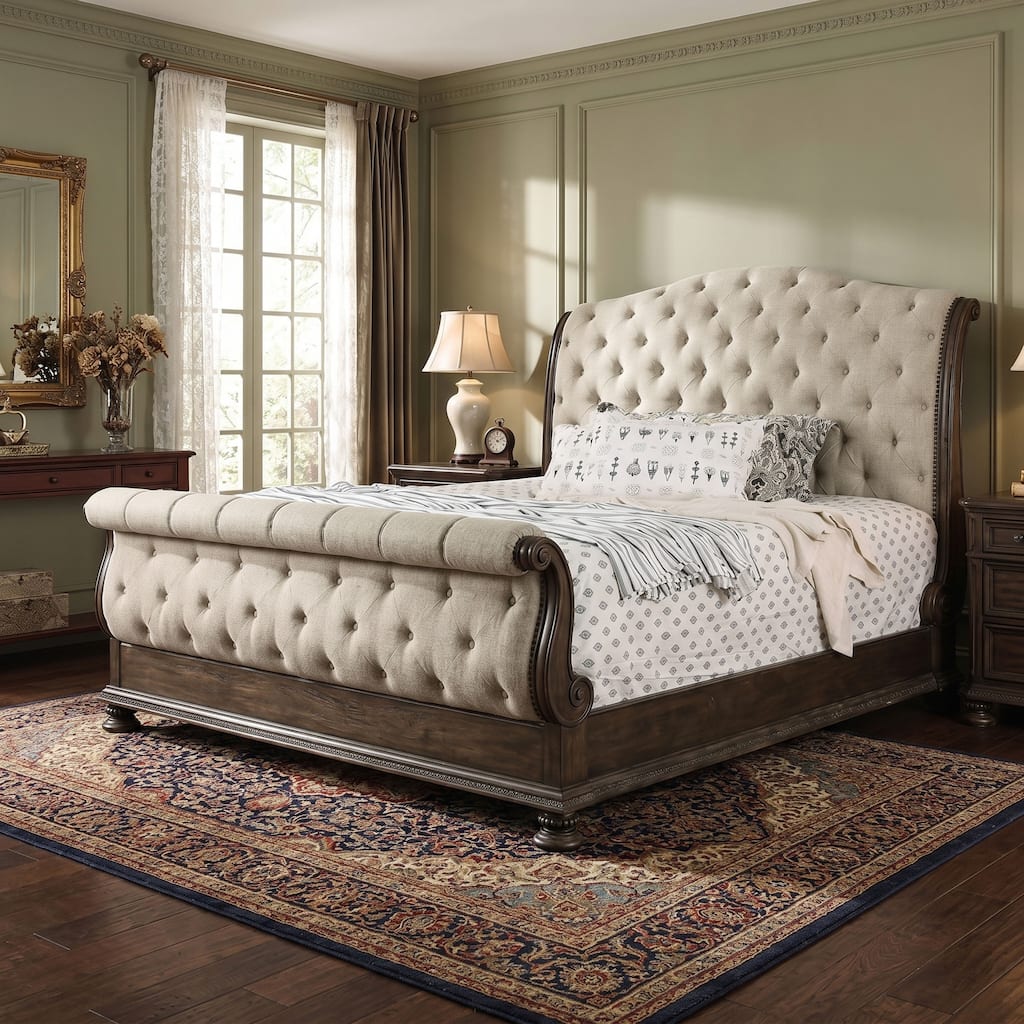 Furniture of America Brev Rustic Beige Button Tufted Fabric Sleigh Bed