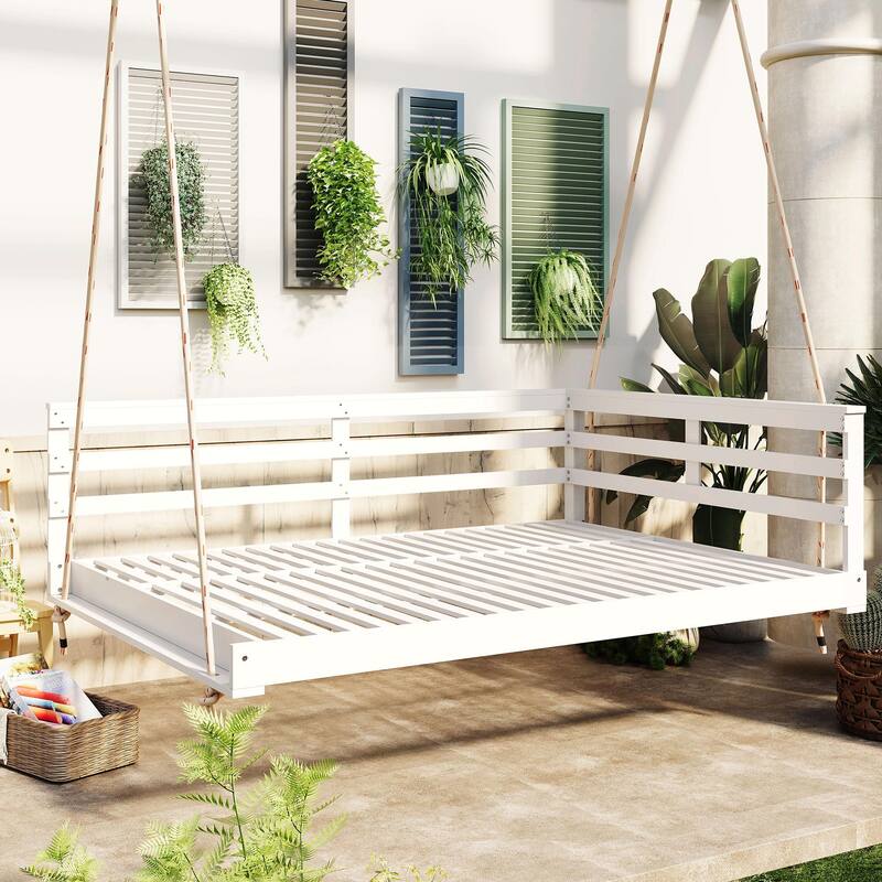 Country Patio Wooden Twin Size Swing Daybed Porch Swing Frame - White - 55'' Depth