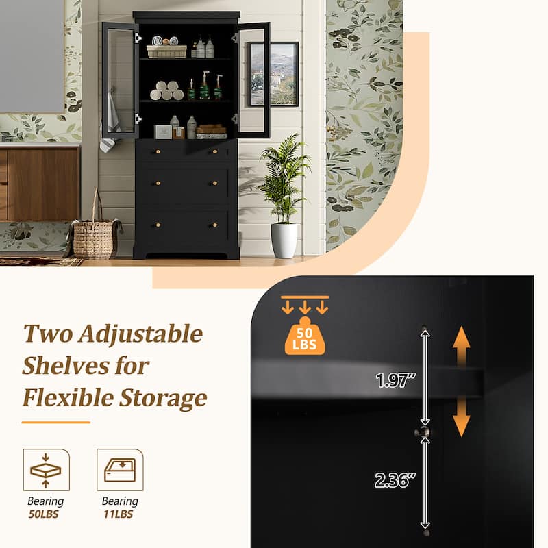 70.1-Inch Modern Freestanding Tall Storage Cabinet with 2 Adjustable Shelves & 3 Soft-Close Drawers – Glass Door Design.