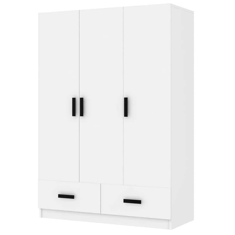 3 Door Bedroom Wardrobe Armoire with 2 Storage Drawers and Hanging Rod, Solid Wood Closet with Storage Shelves