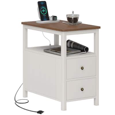 Modern End Table with Charging Station and USB Ports, Narrow Side Table with Drawers & Shelf for Living Room,