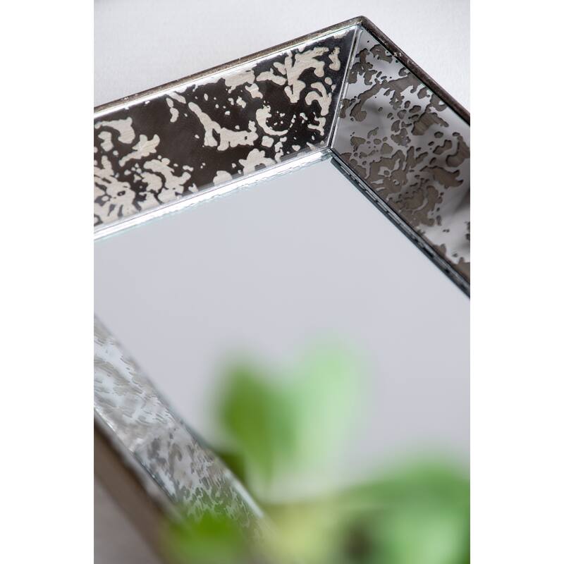 24" x 15" Antique Silver Rectangle Mirror with Floral Accents, Mirrored Display Tray, Hanging Wall Mirror