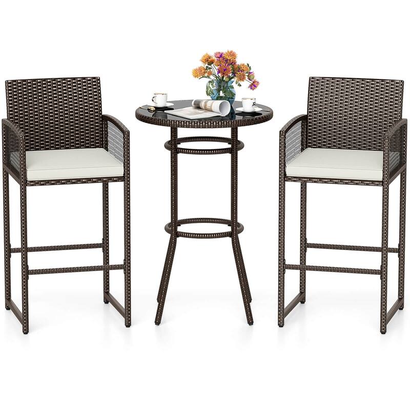 Costway 3 Piece Wicker Patio Bar Set with 2 Seat Cushions Glass - See Details - Mix Brown+Off White