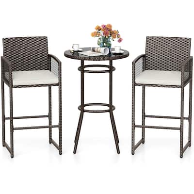 Costway 3 Piece Wicker Patio Bar Set with 2 Seat Cushions Glass - See Details