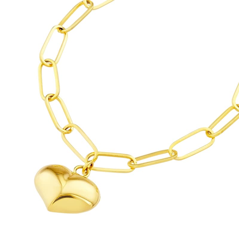 Curata 14k Yellow Gold 7.5" Dangling Puffed Heart Paperclip Chain Bracelet