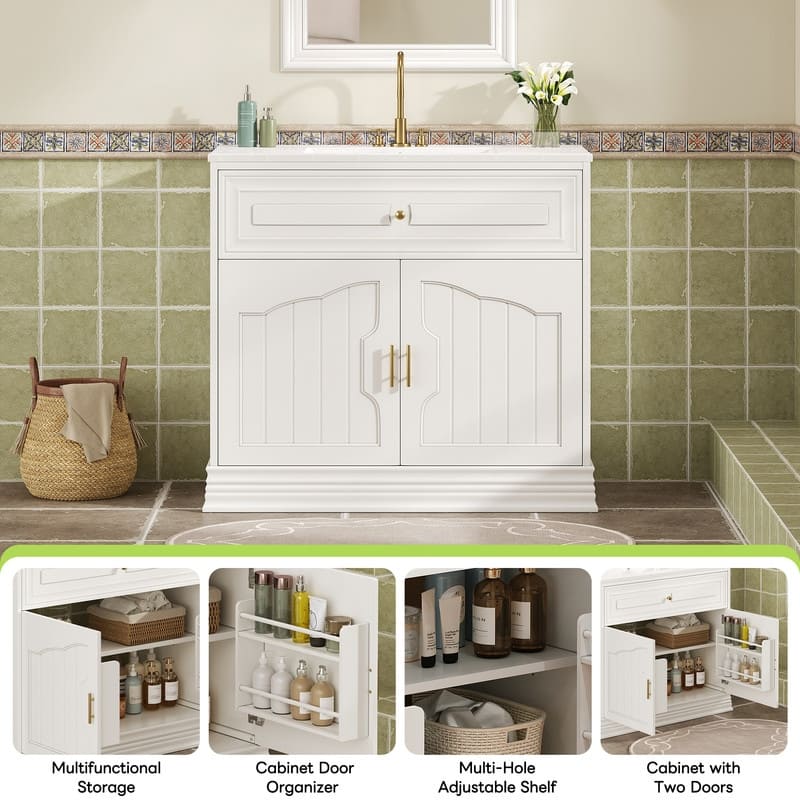 36"W Luxurious Bathroom Vanity with Ceramic Sink, Solid Wood Frame Bathroom Storage Cabinet with 2 Soft-Closing Doors