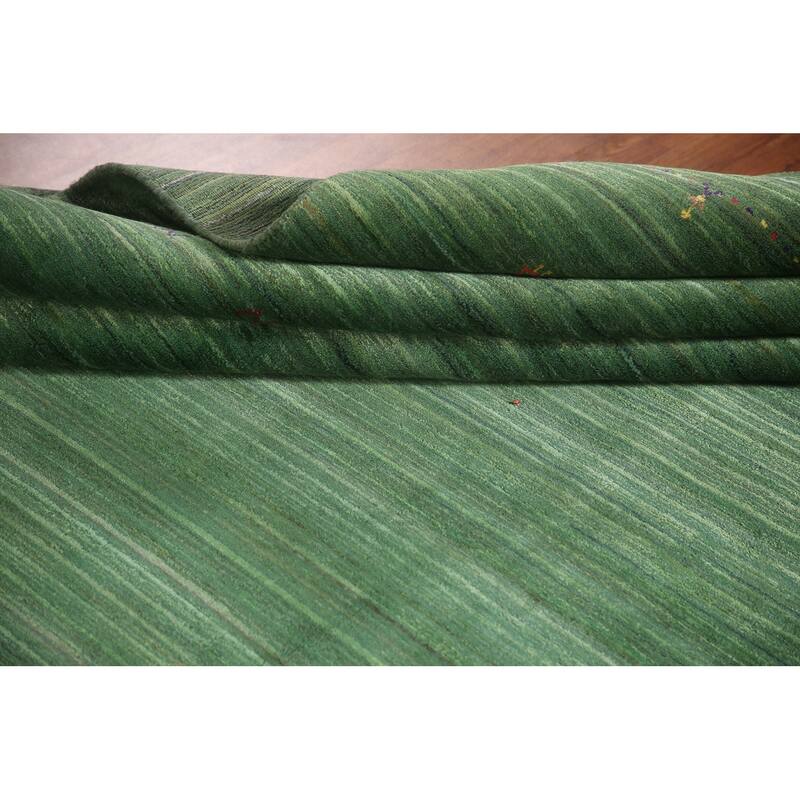 Striped Green Gabbeh Oriental Area Rug Handmade Silk Carpet - 9'1"x 11'5"