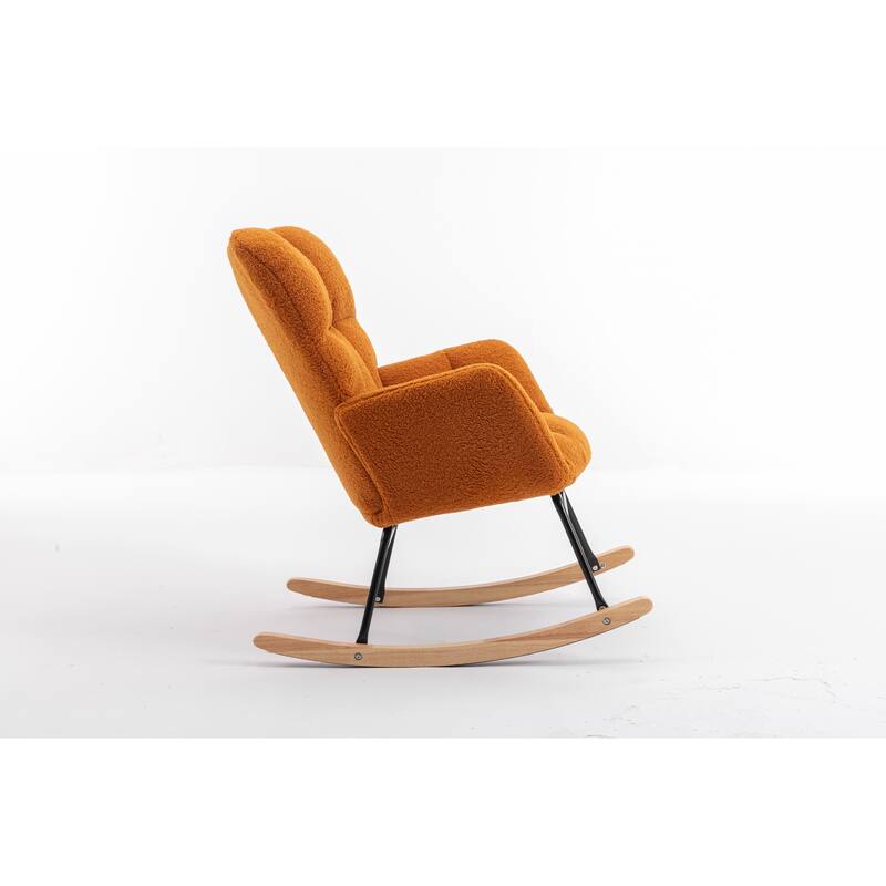 Teddy Fabric Upholstered Glider Rocker, Reading Chair with Thick Padded Seat, High Backrest Armchair with Wooden Legs