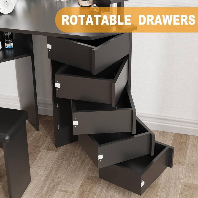 Makeup Vanity Desk with Lights & Power Outlet, Corner Vanity Table with 5 Rotating Drawers