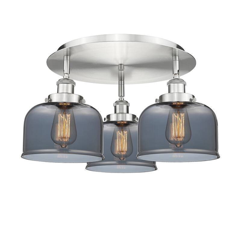 Innovations Lighting Bell - 3 Light 20" Flush Mount - Satin Nickel/Light Smoke