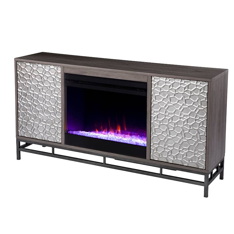 SEI Furniture Hampden Contemporary Gray Wood Media TV Stand with Color Changing Fireplace Insert and Storage