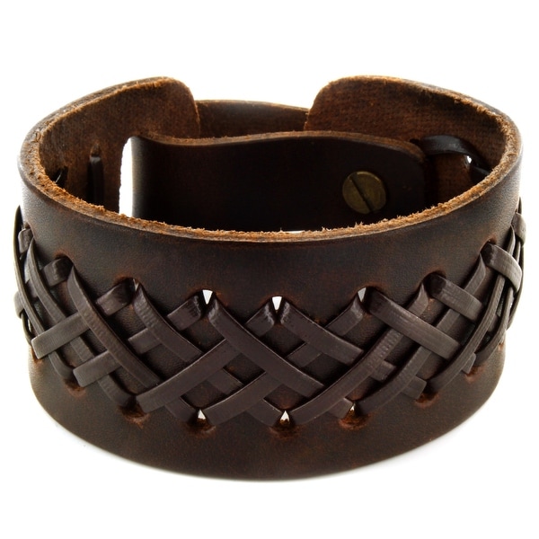Brown Laced Leather Cuff Bracelet (33 mm) - 8 in