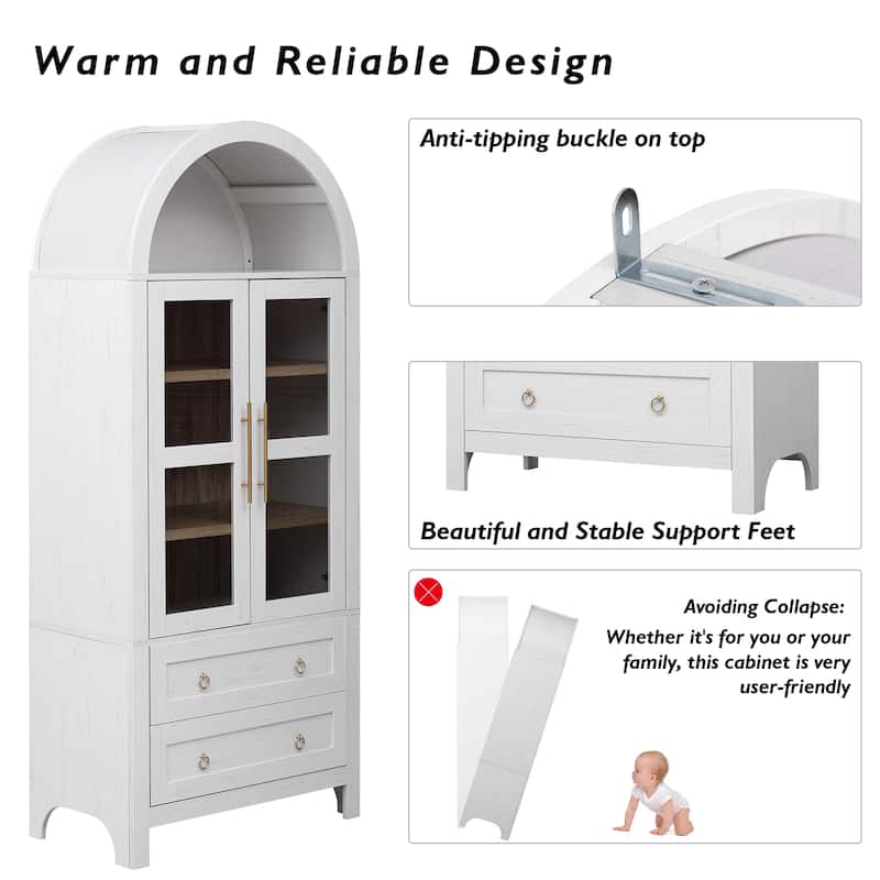 71" Tall Arched Kitchen Pantry Cabinet - 2 Large Drawers, Glass Door, Adjustable Shelves