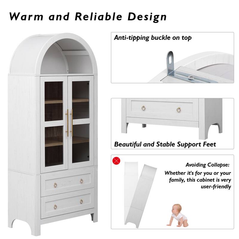71"Tall Arched Kitchen Pantry Cabinet with 2 Large Drawers, Kitchen Storage Cabinets with Adjustable Shelves, Glass Door