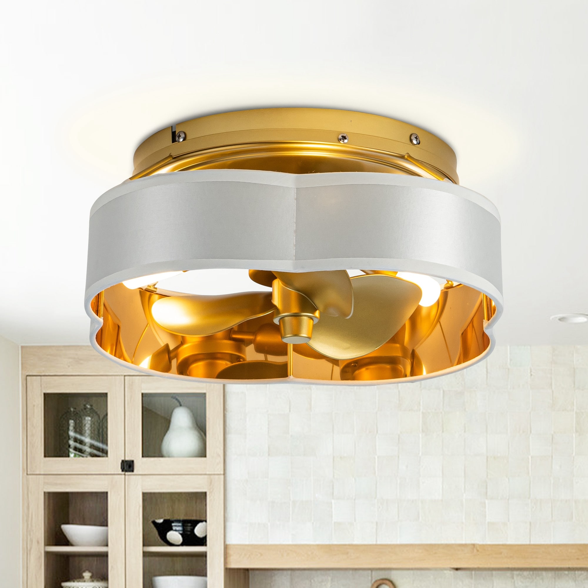 13-inch Gold Modern Caged Fandelier Flush Mount LED Ceiling Fan with Remote